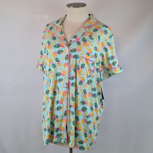 Pillow Talk Tropical Pineapple Print PJ Set Short Sleeve Top Pants Aqua XL NWT - Picture 2 of 12